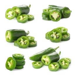 Image of Fresh green jalapeno peppers isolated on white, set