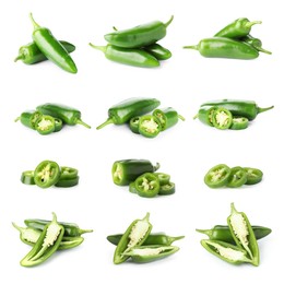 Image of Fresh green jalapeno peppers isolated on white, set