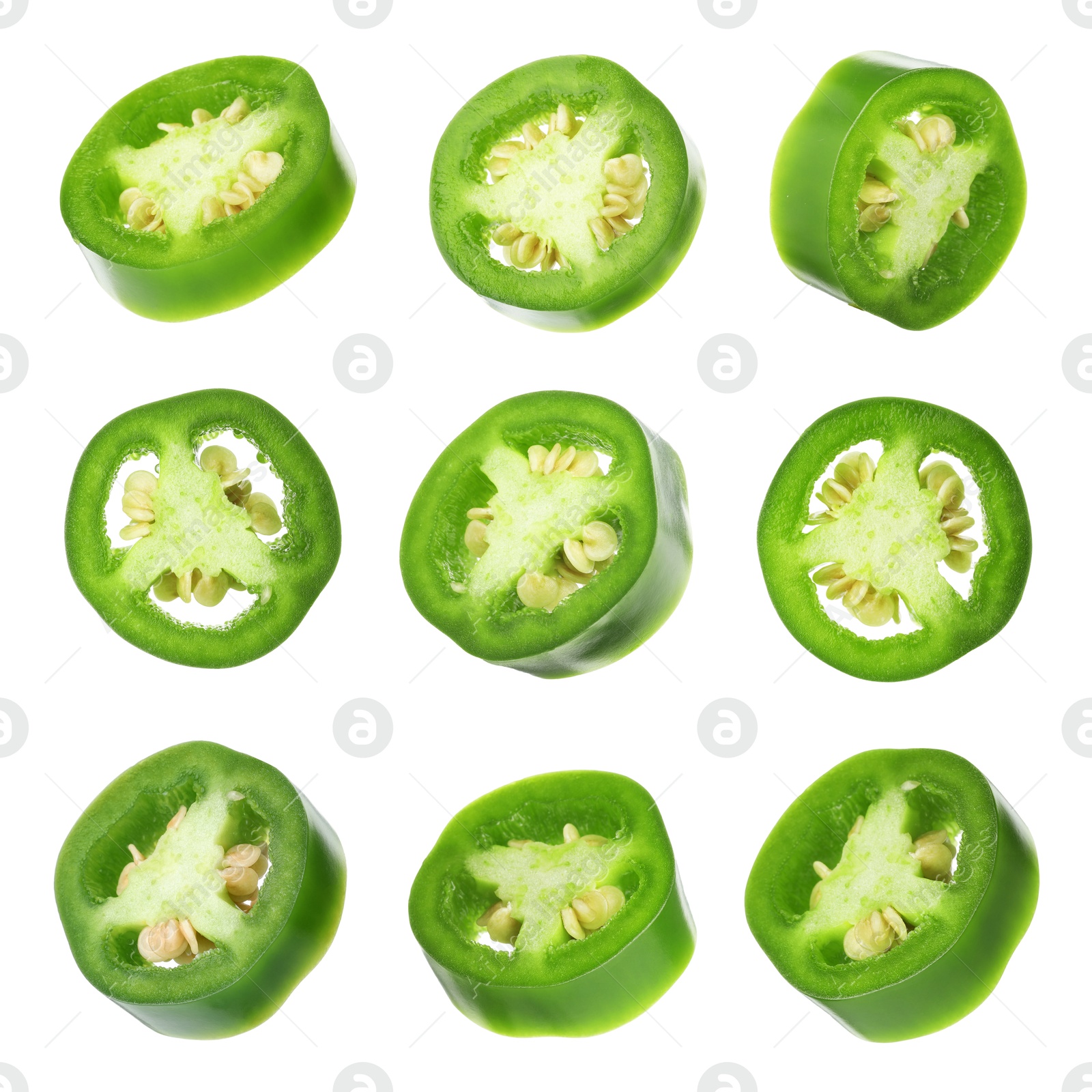 Image of Jalapeno pepper slices isolated on white, set