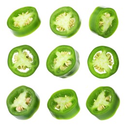 Image of Jalapeno pepper slices isolated on white, set