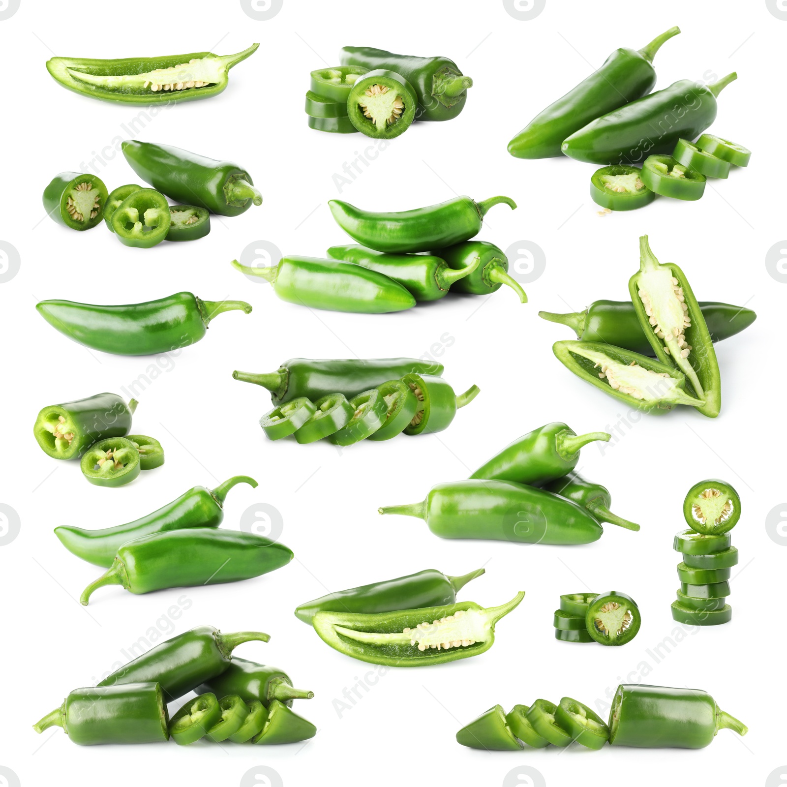 Image of Fresh green jalapeno peppers isolated on white, set