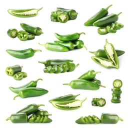 Image of Fresh green jalapeno peppers isolated on white, set