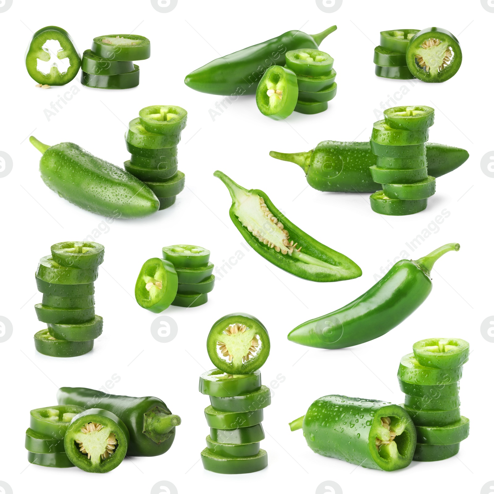 Image of Fresh green jalapeno peppers isolated on white, set