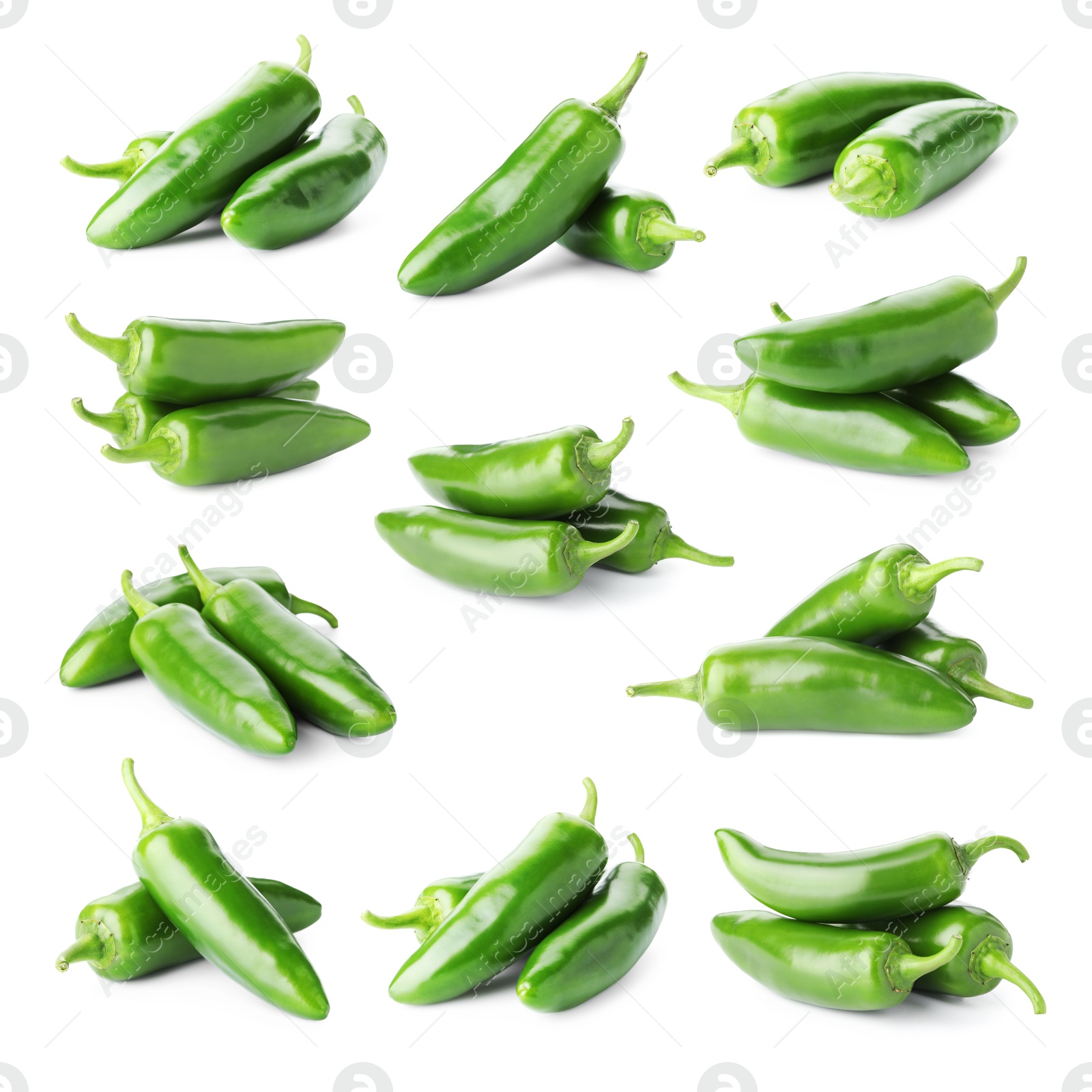 Image of Fresh green jalapeno peppers isolated on white, set