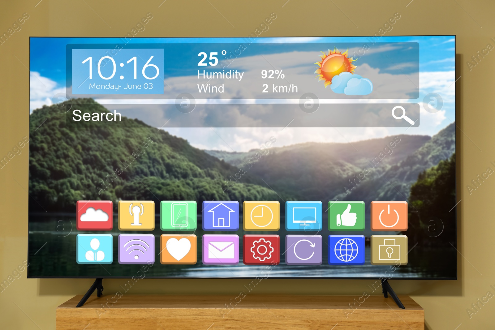 TV set in room. Menu with icons and information on display Image of TV set in room. Menu with icons and information on display