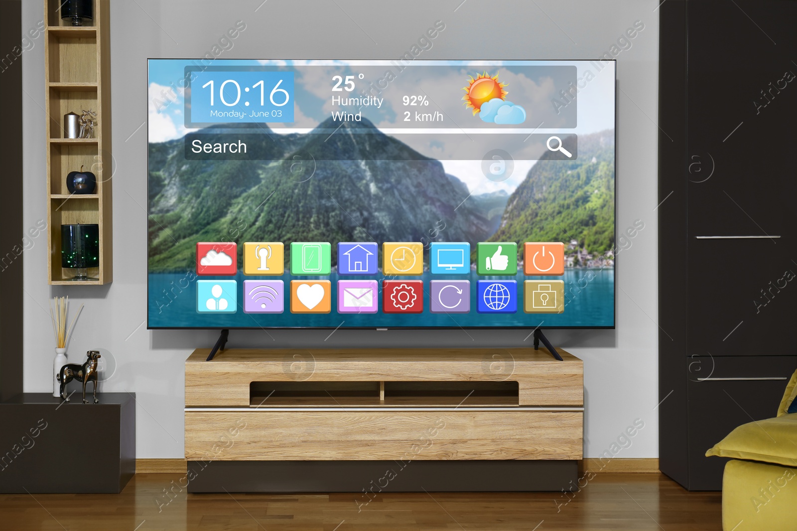 TV set in room. Menu with icons and information on display Image of TV set in room. Menu with icons and information on display