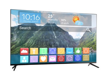 Image of TV set showing menu with icons and information on display against white background