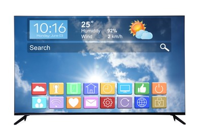 Image of TV set showing menu with icons and information on display against white background