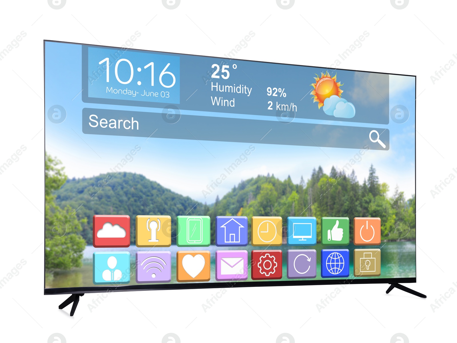 TV set showing menu with icons and information on display against white background Image of TV set showing menu with icons and information on display against white background