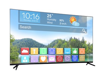 Image of TV set showing menu with icons and information on display against white background