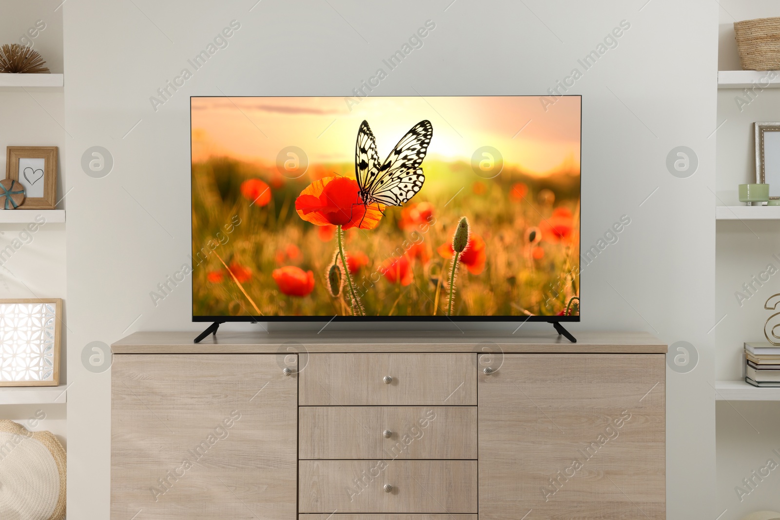 Image of TV set on console in room. Flowers with butterfly on screen