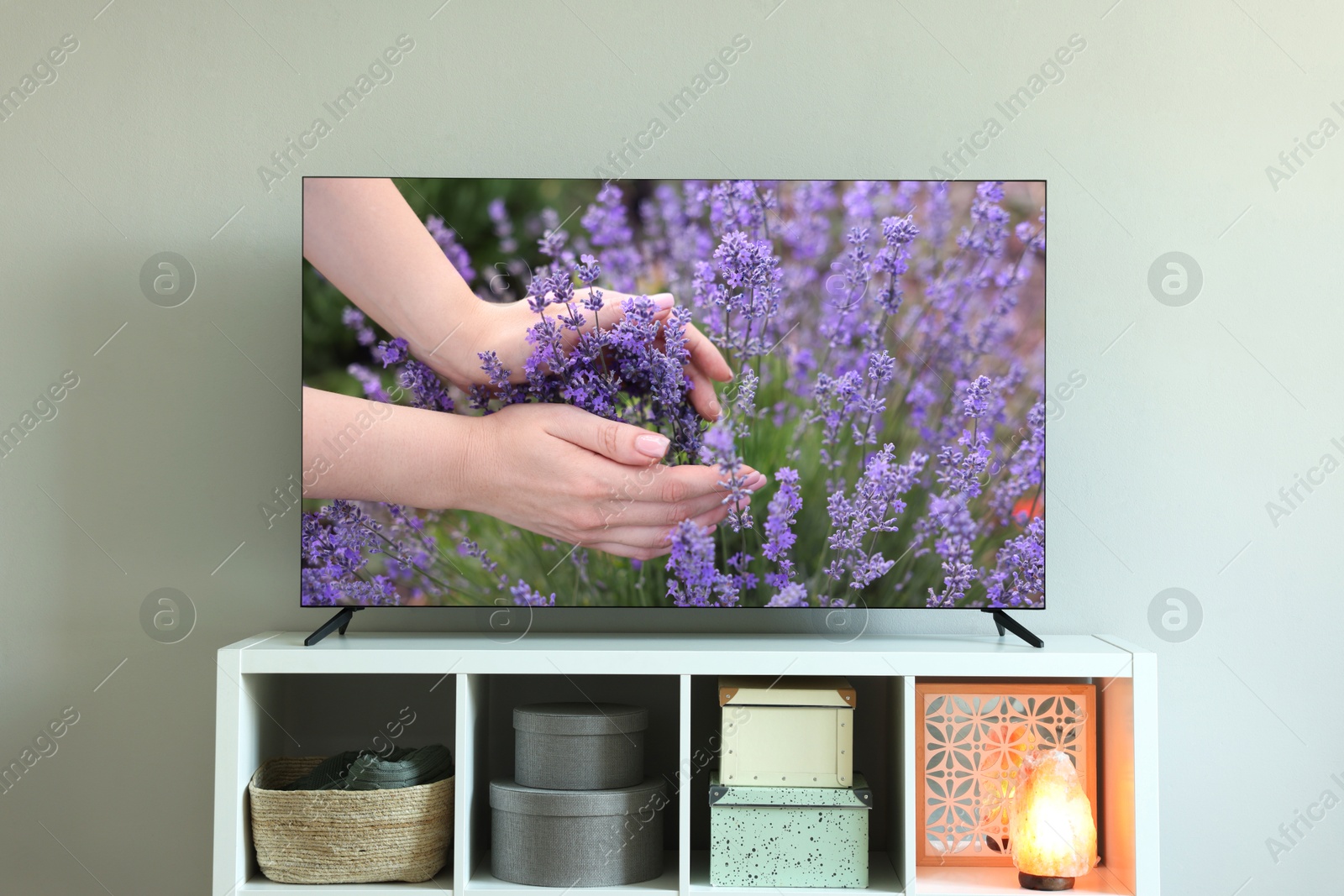 Image of TV set on console in room. Woman touching lavender flowers on screen
