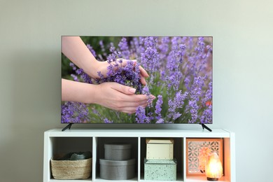 Image of TV set on console in room. Woman touching lavender flowers on screen