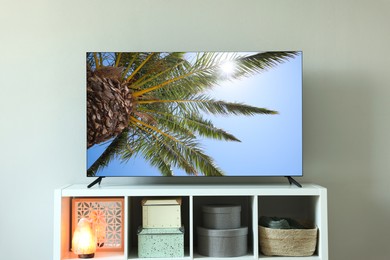 Image of TV set on console in room. Tropical palm on screen