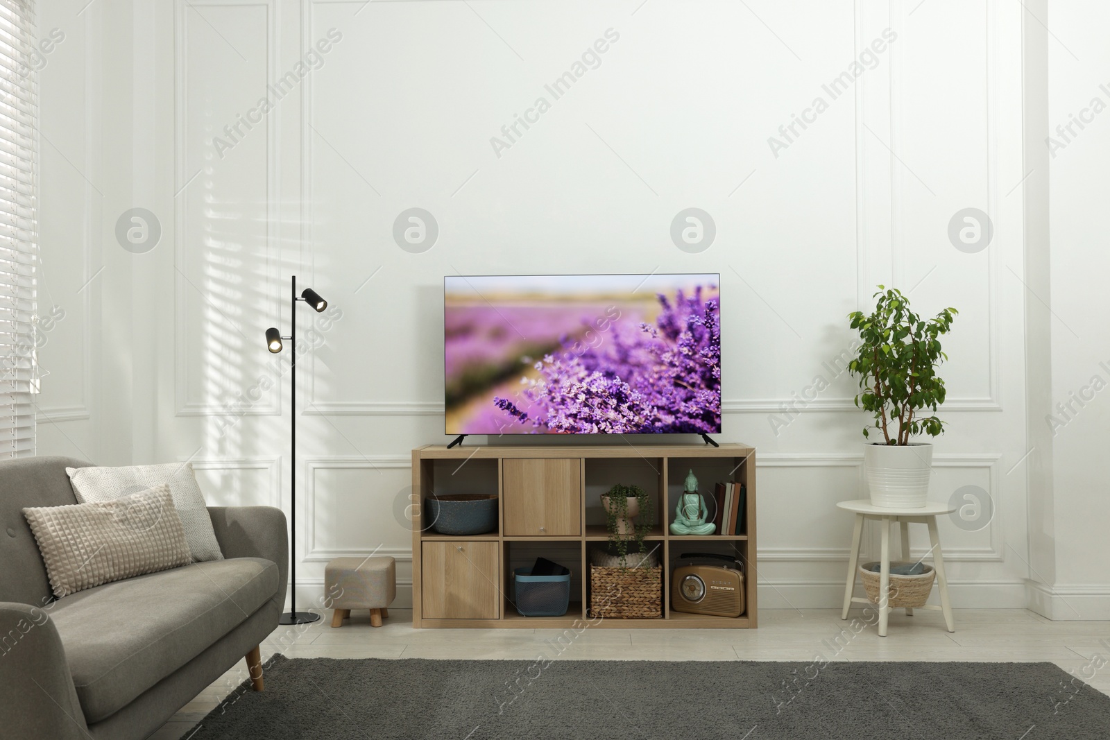 Image of TV set on console in room. Lavender field on screen