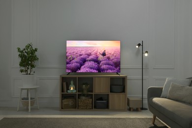 Image of TV set on console in room. Lavender field on screen