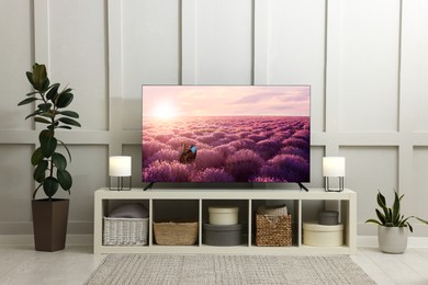 Image of TV set on console in room. Lavender field on screen