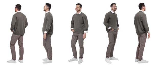 Image of Full-length portraits of man on white background, collage