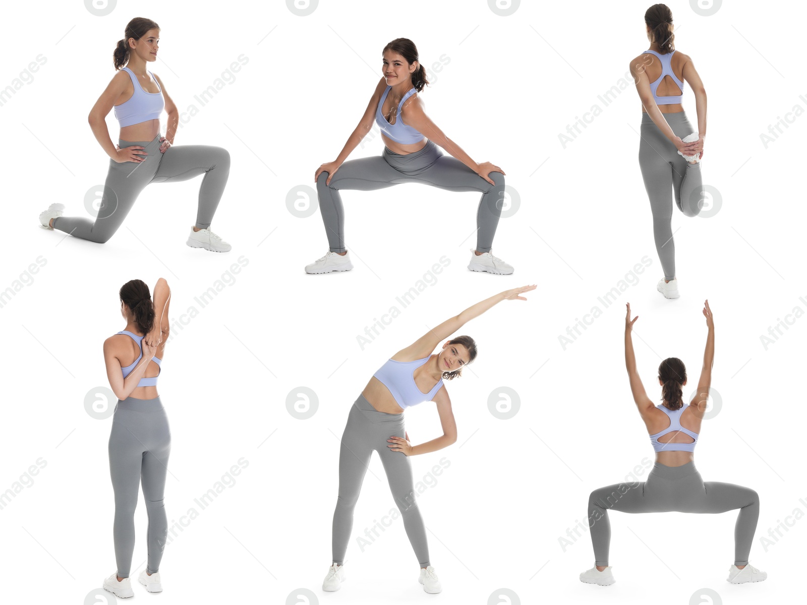 Image of Teenage girl in sportswear stretching on white background. Collage with different exercises