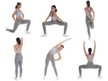 Image of Teenage girl in sportswear stretching on white background. Collage with different exercises