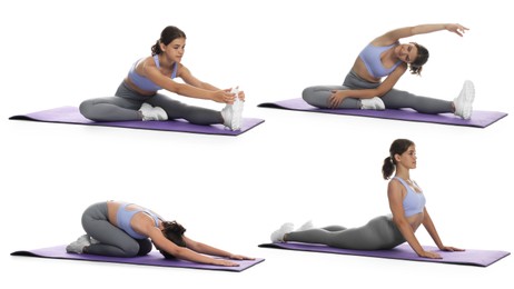 Image of Teenage girl in sportswear stretching on white background. Collage with different exercises