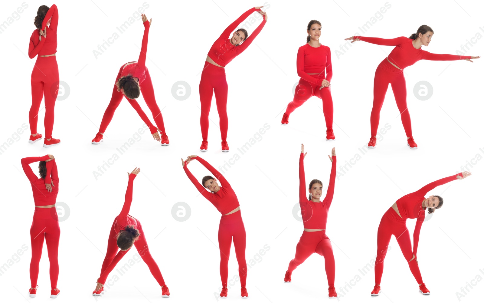 Image of Teenage girl in sportswear stretching on white background. Collage with different exercises