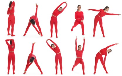 Image of Teenage girl in sportswear stretching on white background. Collage with different exercises