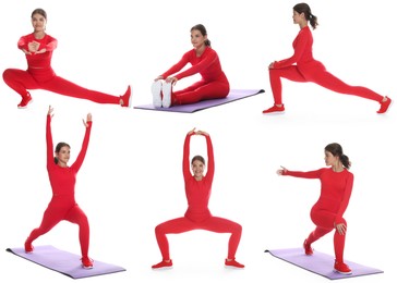 Image of Teenage girl in sportswear stretching on white background. Collage with different exercises