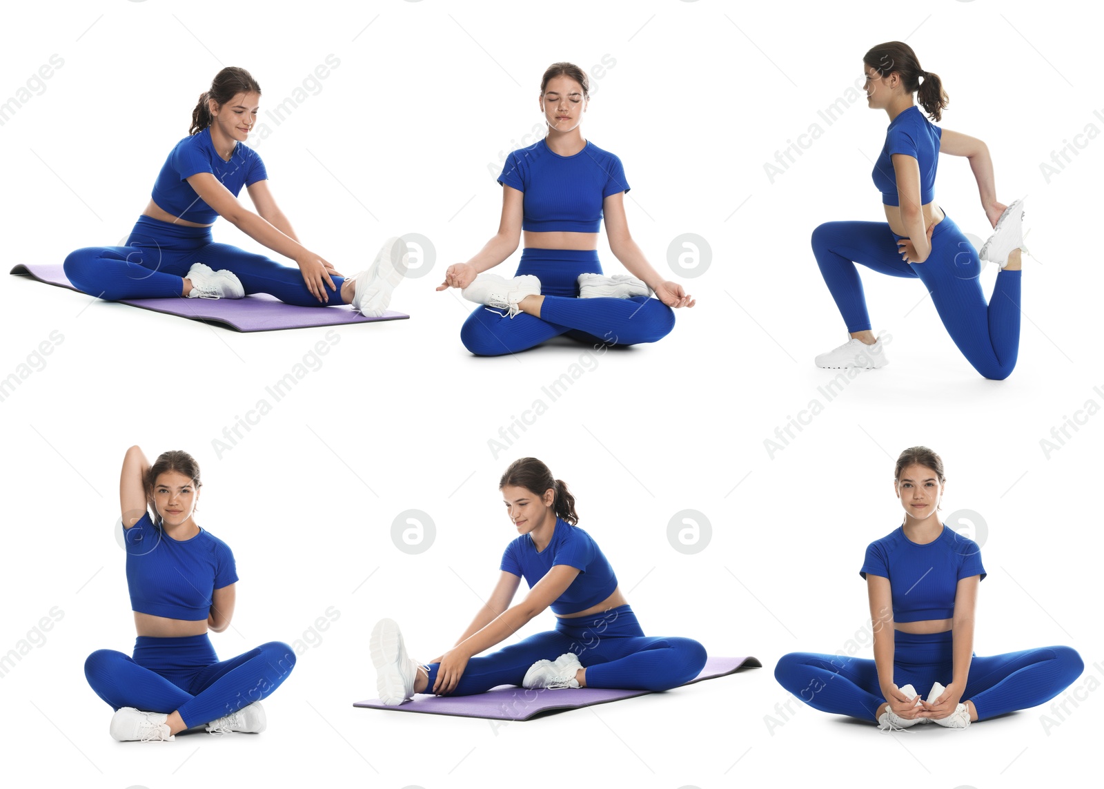 Image of Teenage girl in sportswear stretching on white background. Collage with different exercises