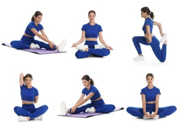 Image of Teenage girl in sportswear stretching on white background. Collage with different exercises