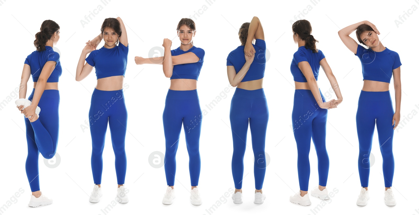 Image of Teenage girl in sportswear stretching on white background. Collage with different exercises