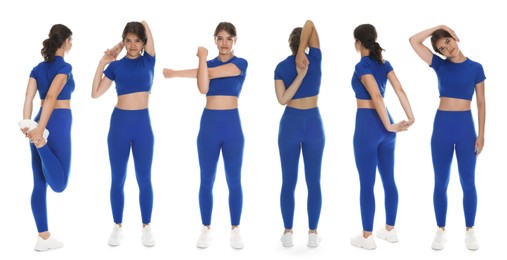 Image of Teenage girl in sportswear stretching on white background. Collage with different exercises