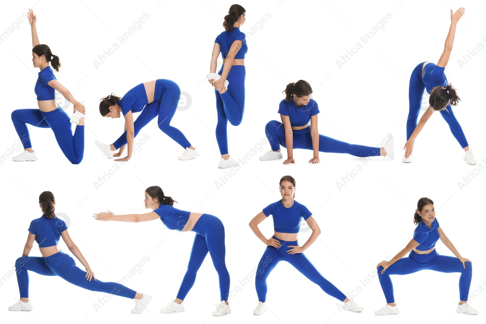 Image of Teenage girl in sportswear stretching on white background. Collage with different exercises