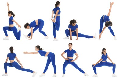Image of Teenage girl in sportswear stretching on white background. Collage with different exercises