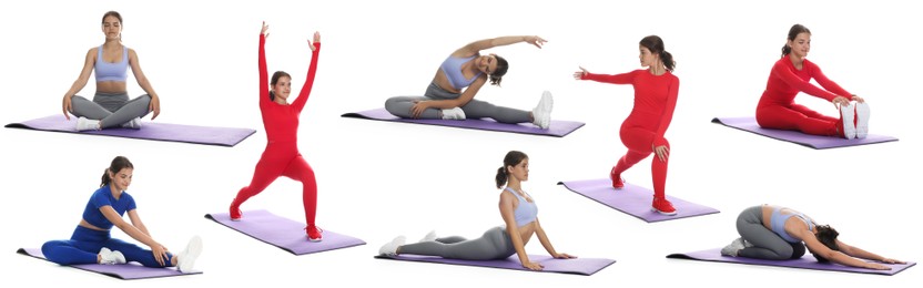 Image of Teenage girl in sportswear stretching on white background. Collage with different exercises