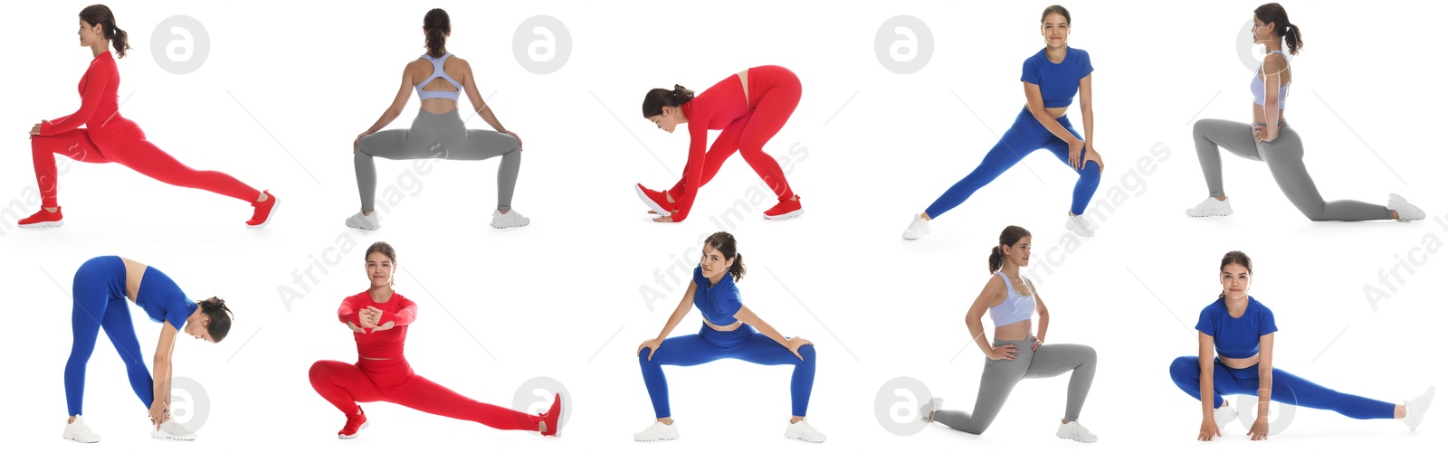 Image of Teenage girl in sportswear stretching on white background. Collage with different exercises