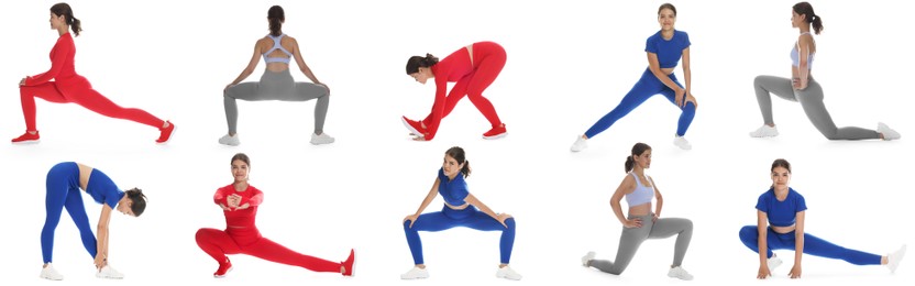 Image of Teenage girl in sportswear stretching on white background. Collage with different exercises