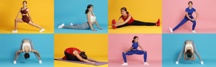 Image of Teenage girl in sportswear stretching on colorful backgrounds. Collage with different exercises