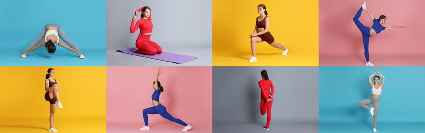 Image of Teenage girl in sportswear stretching on colorful backgrounds. Collage with different exercises