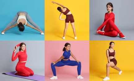 Image of Teenage girl in sportswear stretching on colorful backgrounds. Collage with different exercises
