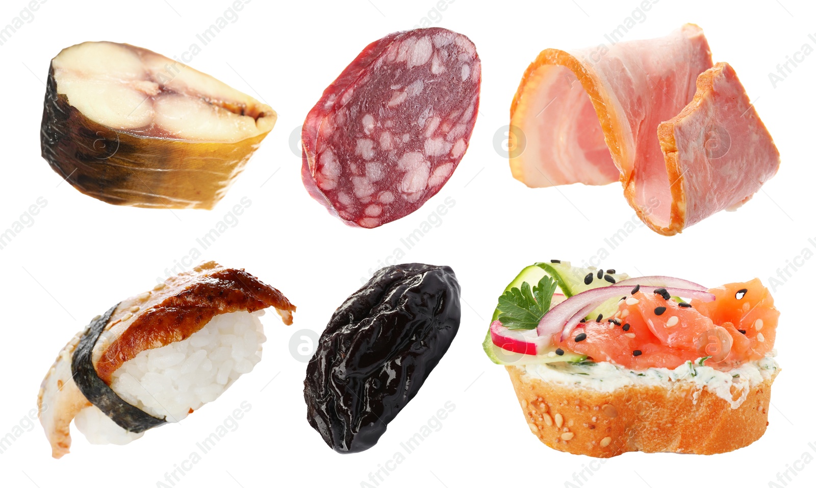 Image of Collection of foods with smoky taste isolated on white