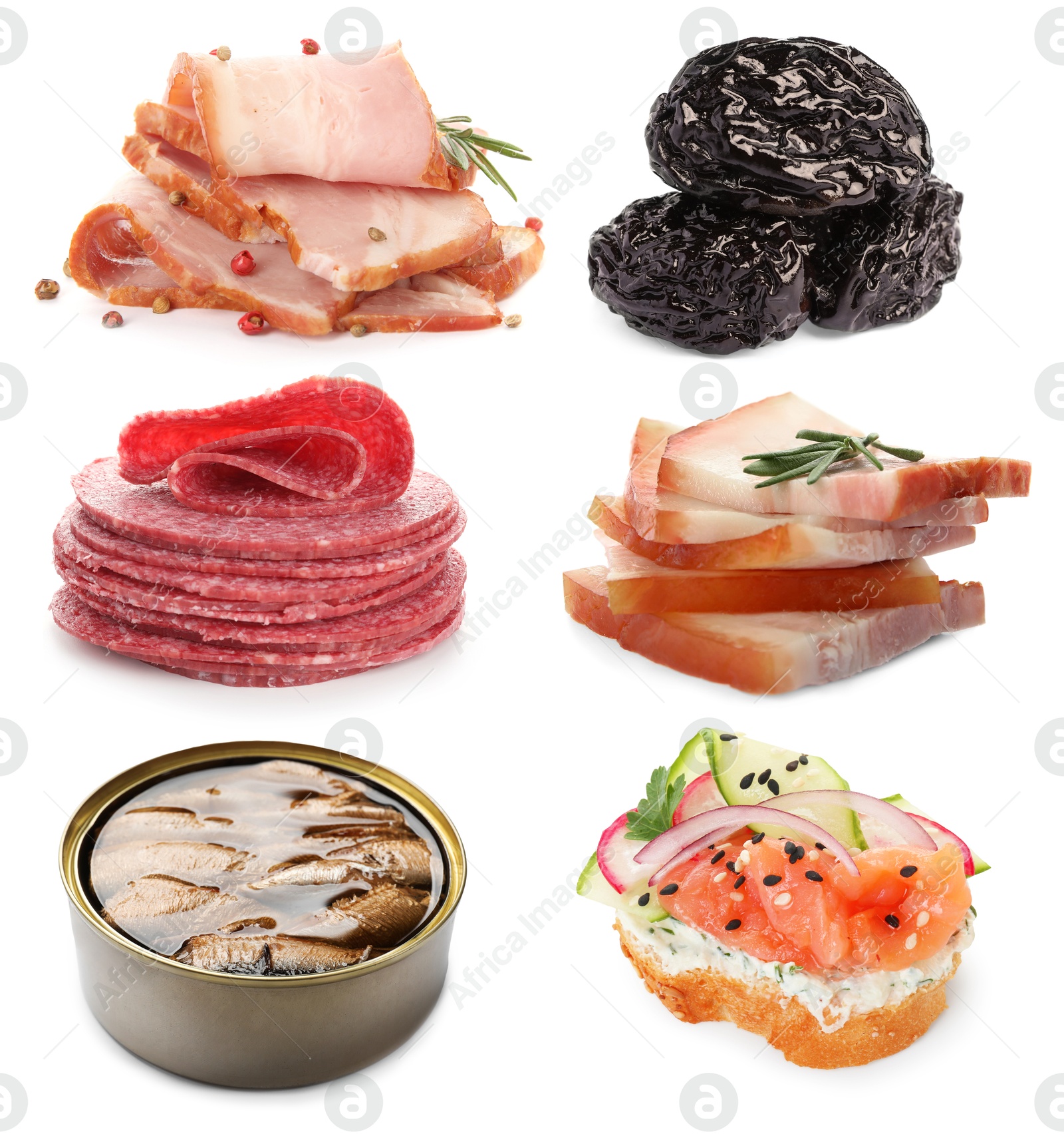 Image of Collection of foods with smoky taste isolated on white