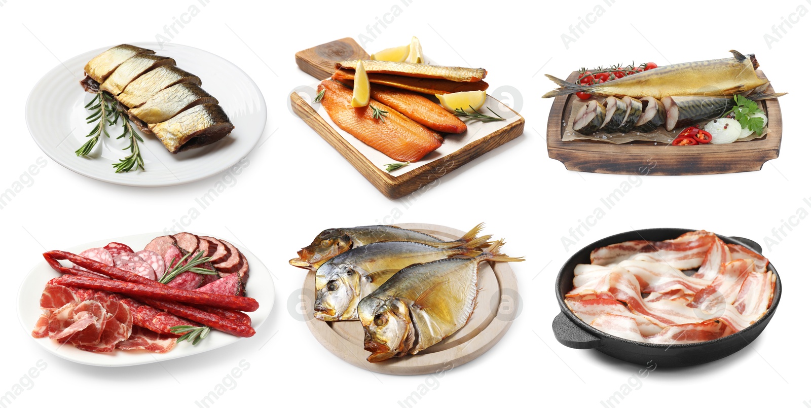 Image of Collection of foods with smoky taste isolated on white