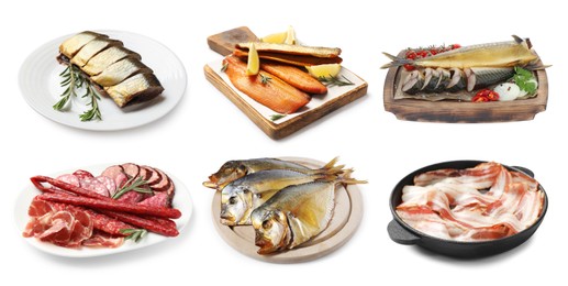 Image of Collection of foods with smoky taste isolated on white