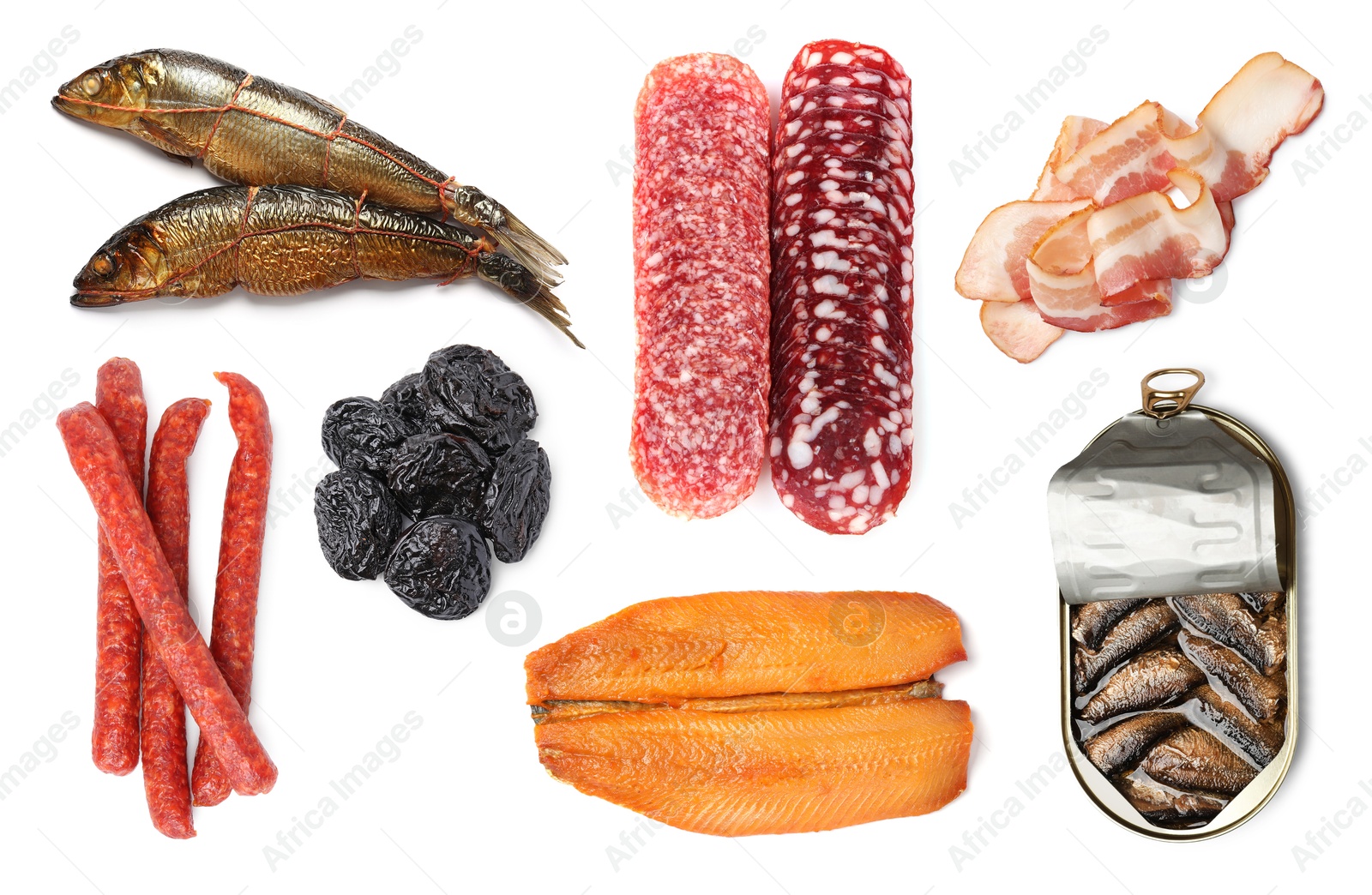 Image of Collection of foods with smoky taste isolated on white