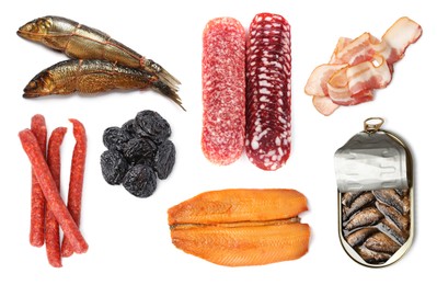 Image of Collection of foods with smoky taste isolated on white