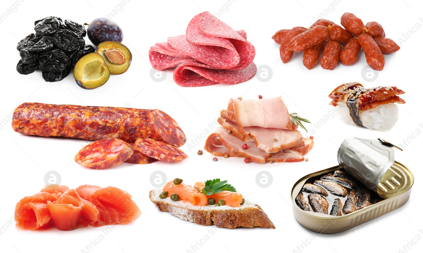 Image of Collection of foods with smoky taste isolated on white