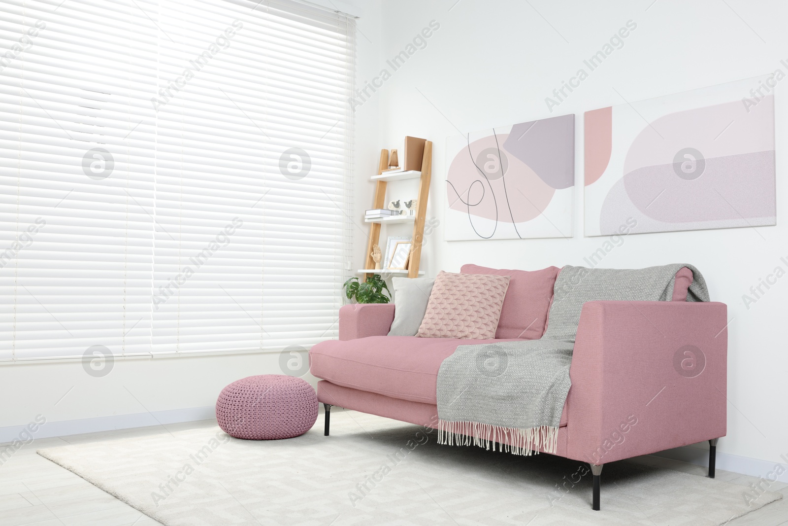 Living room with pink sofa and other furniture. Interior design Image of Living room with pink sofa and other furniture. Interior design