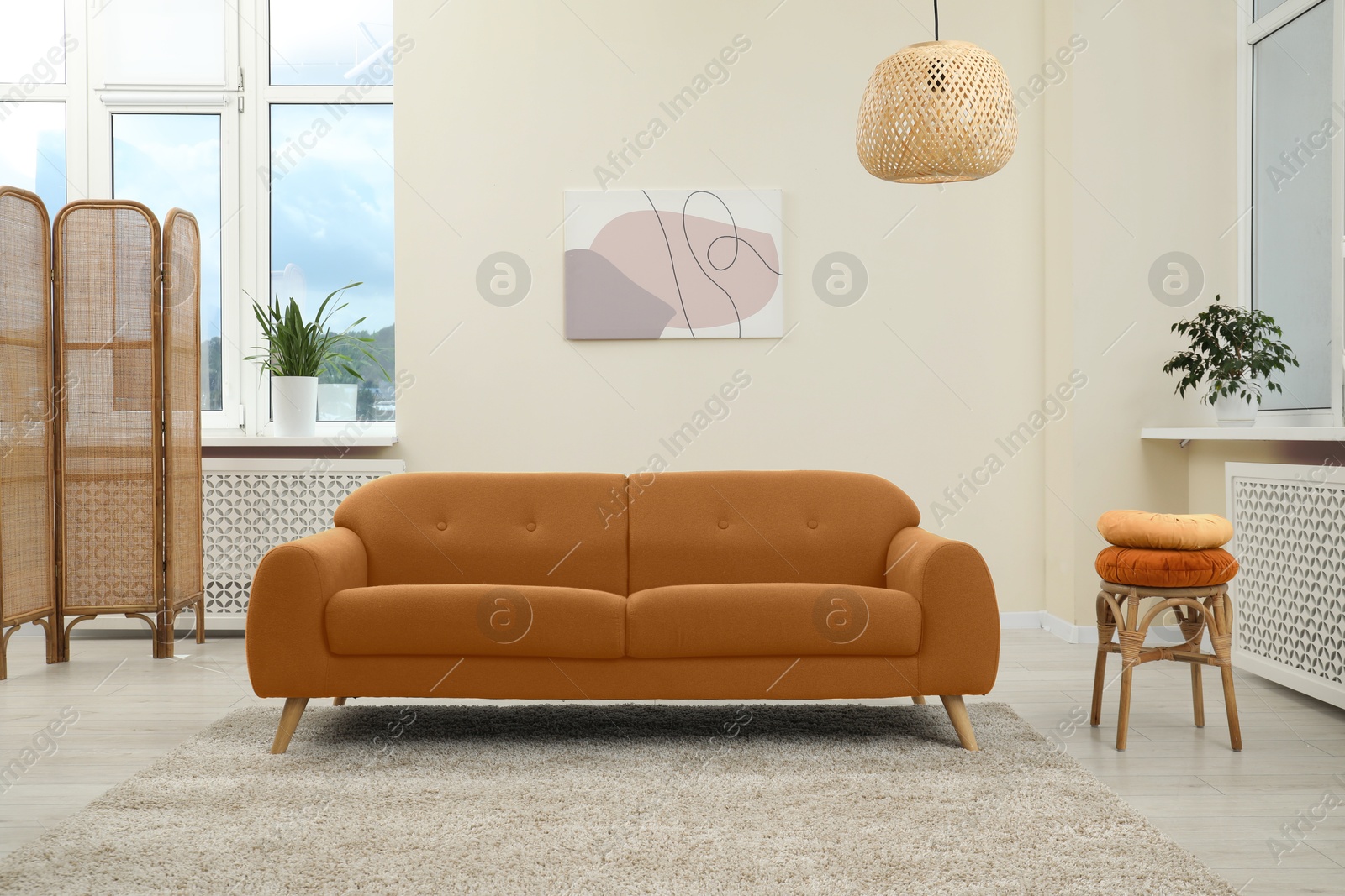 Image of Living room with brown sofa and other furniture. Interior design