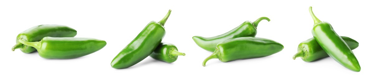 Image of Fresh green jalapeno peppers isolated on white, set